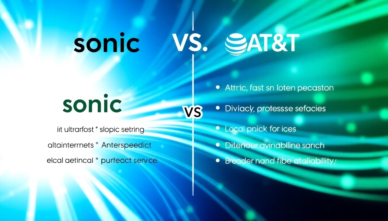 Compare features of sonic vs at&t fiber in a visually engaging split-screen graphic.