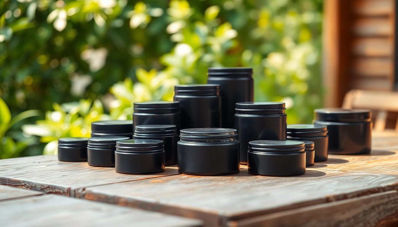 Showcase of black tins on a wooden table, highlighting their elegant design and smooth texture.
