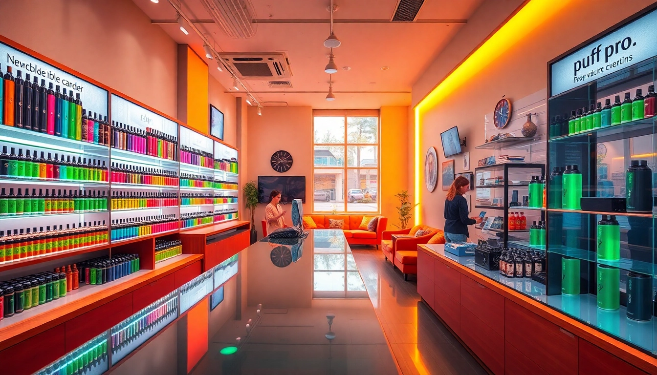Explore the vibrant ambiance of a puff pro vape shop featuring modern displays and vibrant vape products.