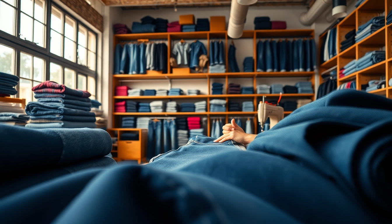 Hands of jeans cloth manufacturers tailoring premium denim in a stylish studio.