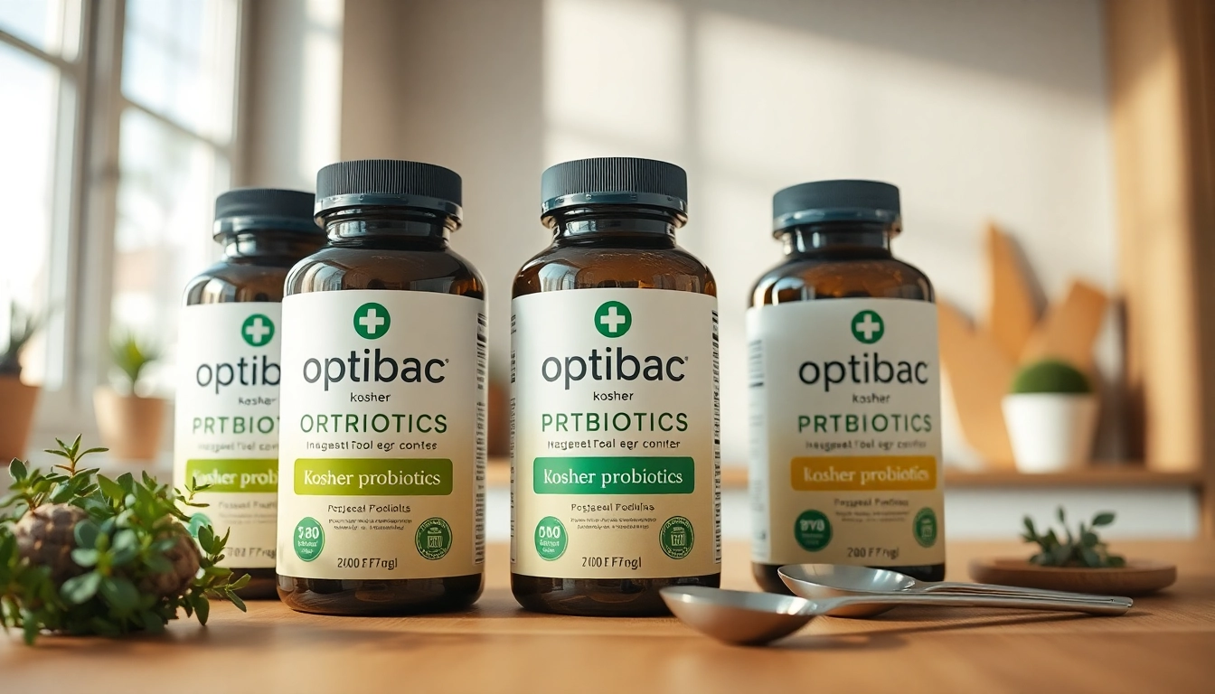 Elevate your gut health with Optibac kosher probiotics bottles arrayed on a sunny kitchen counter.