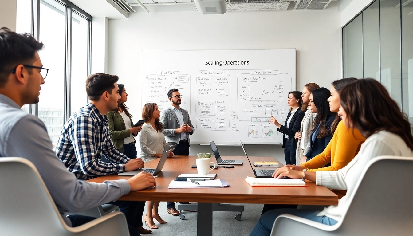 Discussing how to scale business operations with a diverse team in a professional setting.