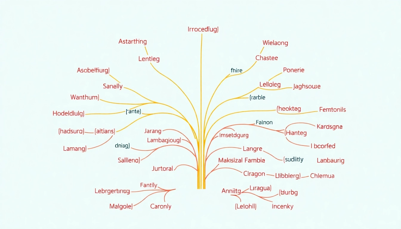 Illustrate the concept of Conjugation with a colorful verb tree diagram showcasing various languages.