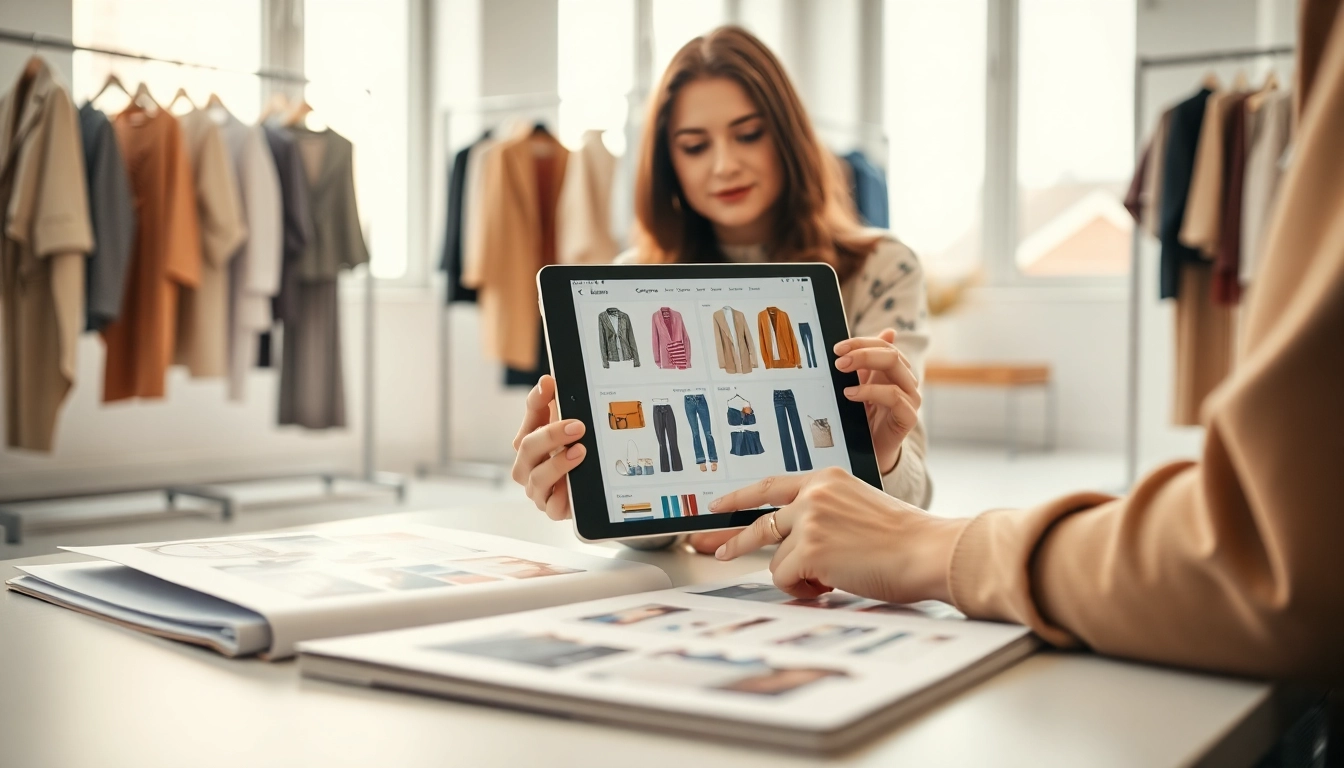 Create a stylish outfit planner with a vibrant tablet and creative workspace.
