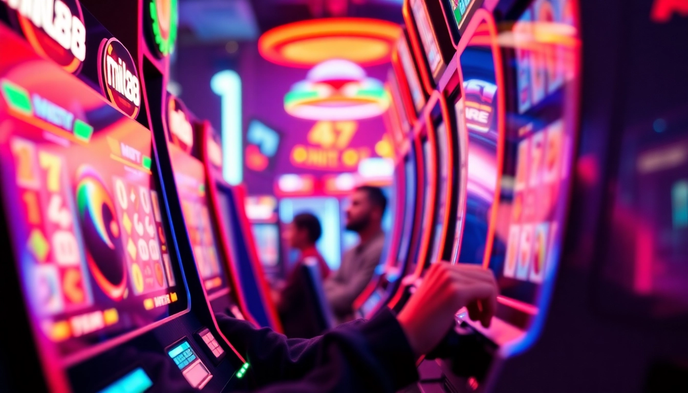 Permainan slot mild88 yang seru dengan pemain bersemangat di lingkungan yang penuh warna.