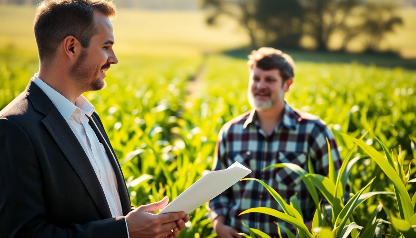 Consulting on agriculture law with a lawyer and farmer in a sunny field.