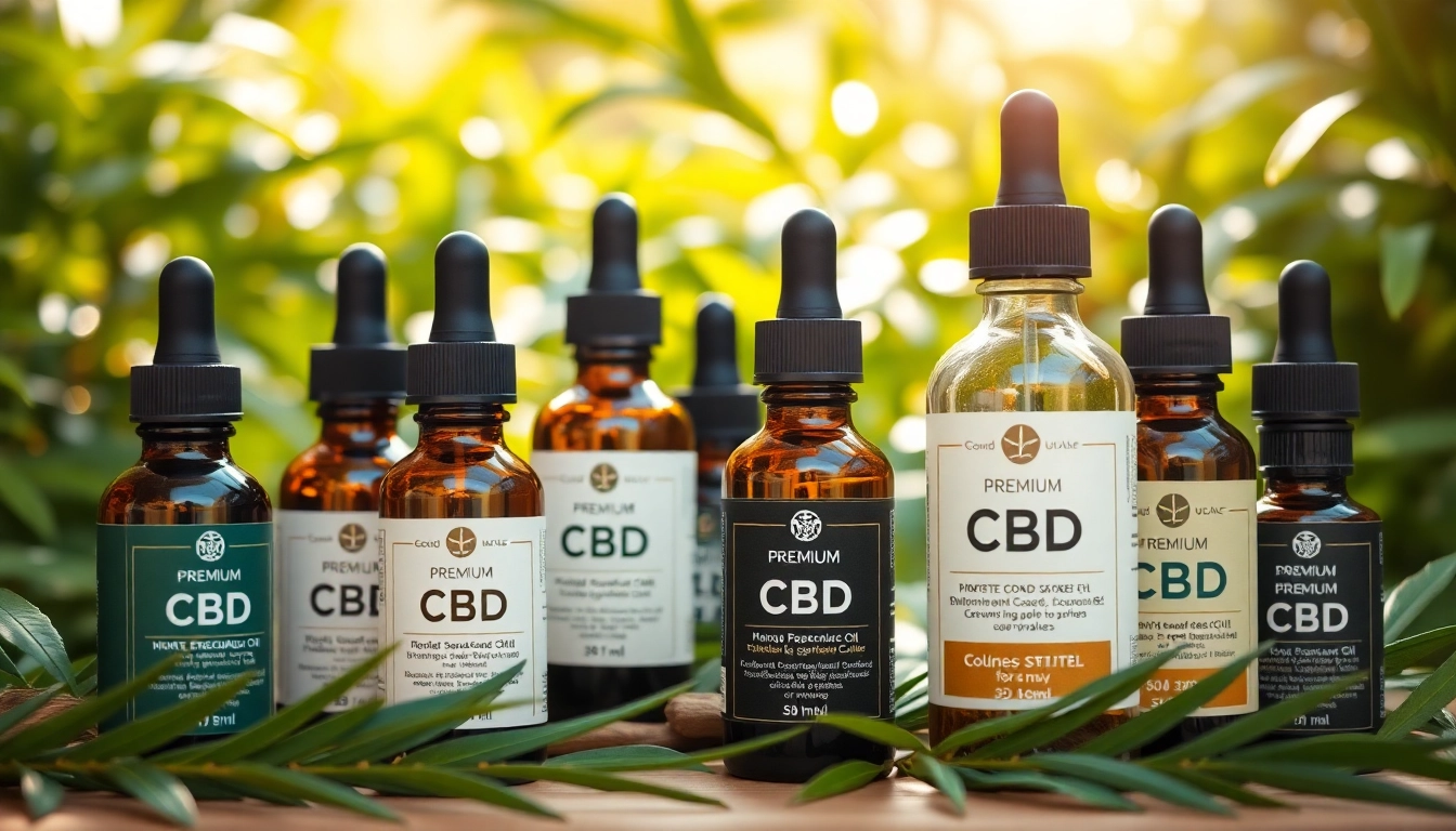 Showcase of premium CBD UK oil bottles in a serene natural setting with lush greenery.