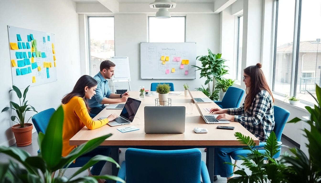 Team of web developers working collaboratively on a project for wordpress agencies, in a bright, modern workspace.