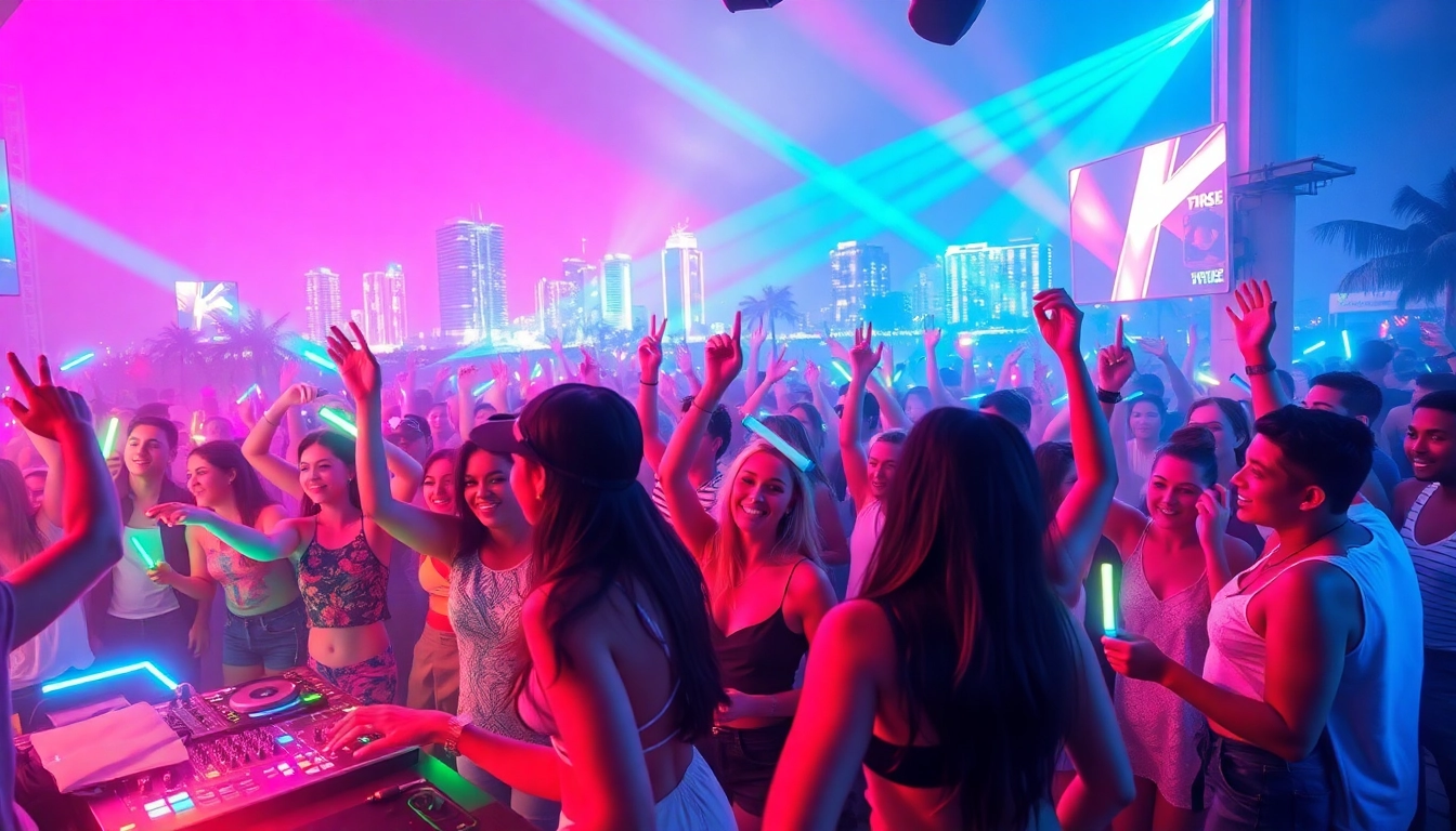 Dancing crowd at a vibrant Miami rave illuminated by colorful lights.