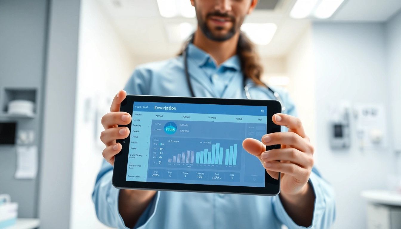 Eprescription app development displayed on a digital device in a bright clinic environment.