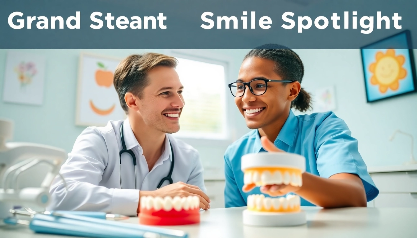 Orthodontist assisting a smiling patient at Grand Strand Smile Spotlight in a modern dental office.