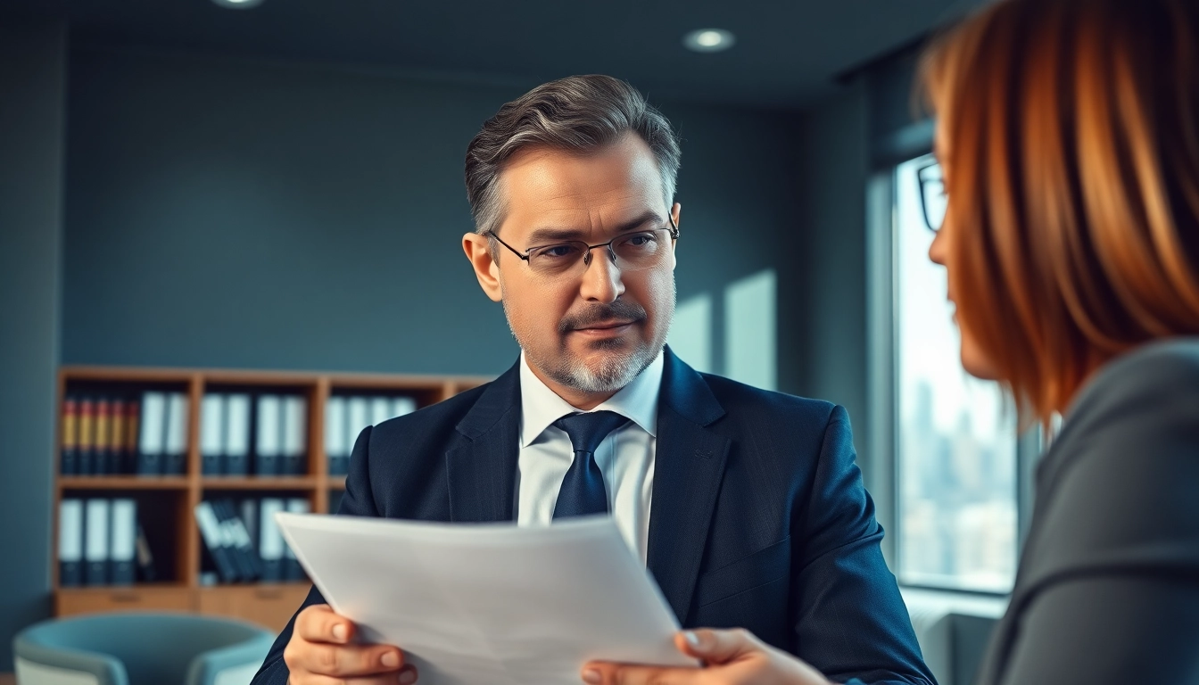 Engaged Divorce Lawyer discussing legal options in a professional office setting.