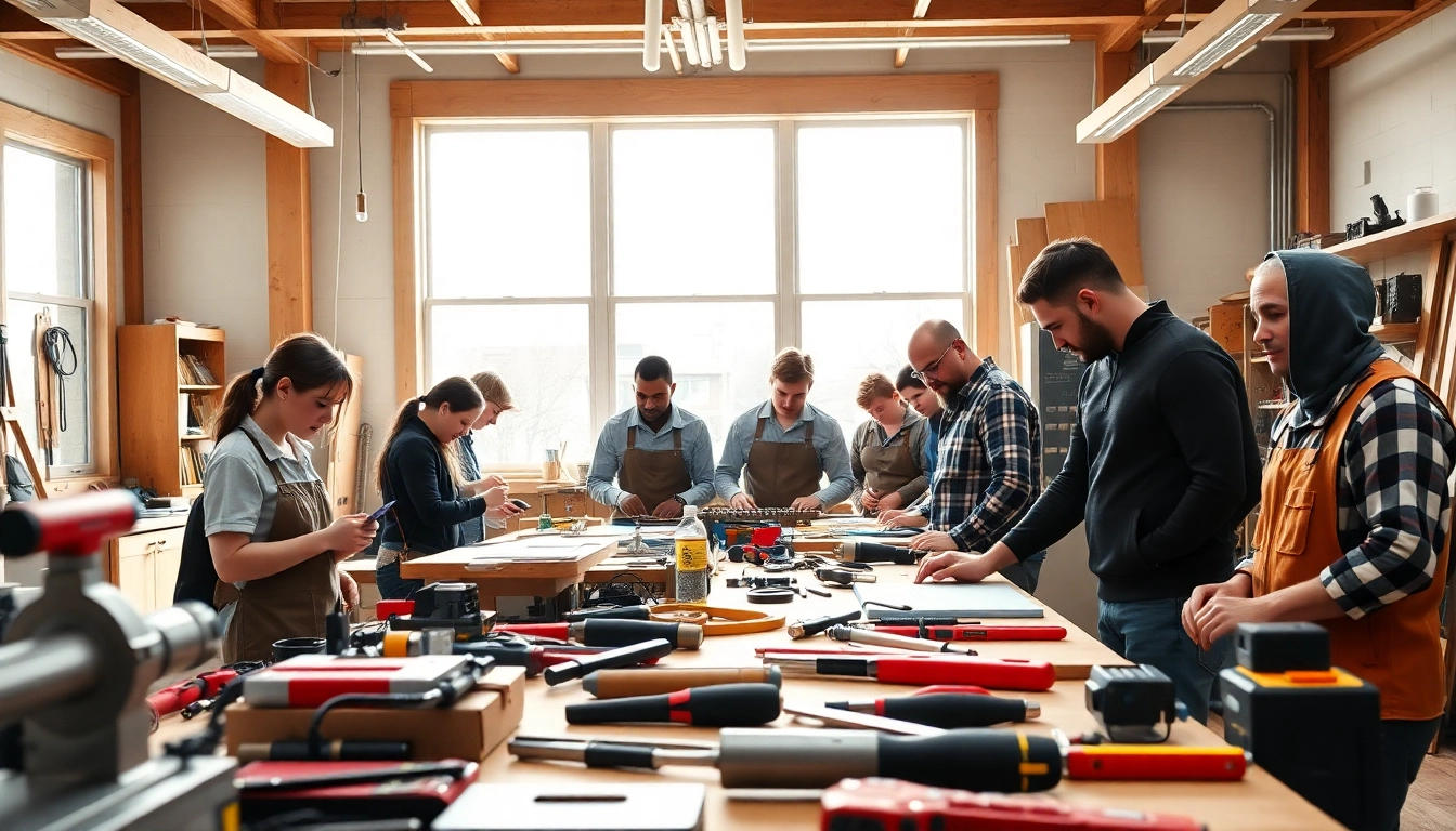 Engaged students in a trade school in Tennessee practicing hands-on skills in a collaborative environment.