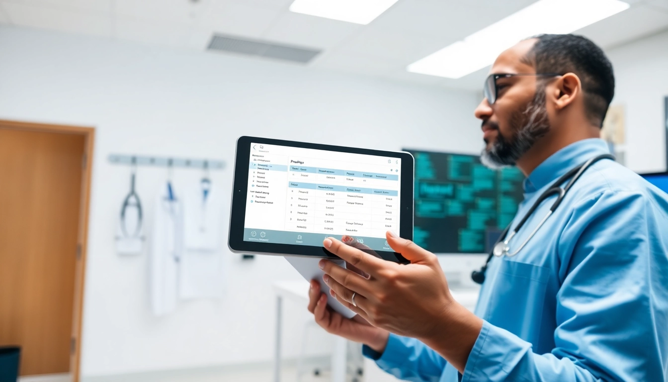Showcasing electronic prescribing systems in a professional healthcare setting with a provider and a tablet.