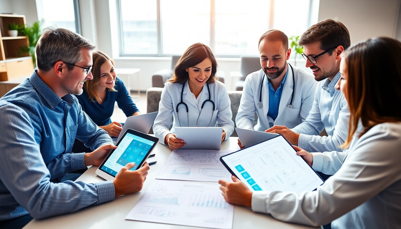 Visualizing eprescription app development process with a healthcare team collaborating in a bright office.